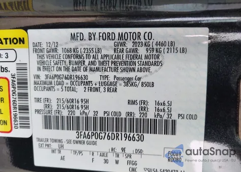 2013 Ford Fusion S из США, поврежденный, VIN 3FA6P0G76DR196630